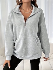 baratos Tops Simples-Mulheres Moletom Tecido Casual Manga Longa Gola Alta Tops regulares Rua Dia a Dia Patchwork Zíper Preto Fúcsia Cinzento Escuro Bege Cinzento Outono Inverno