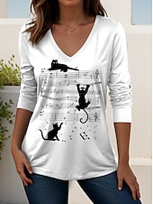 abordables T-shirt Art &amp; Design-Festival de musique Femmes T-shirt Graphique Musique ancien Élégant Classique manche longue Col en V Hauts Réguliers Quotidien Sortir Week-end Imprimé Noir et blanc Noir Blanche Printemps Automne