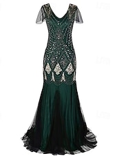 preiswerte 1920er Kleider-Goldene Zwanziger 1920er Bodenlang Kleid Abendkleid Weihnachtsfeier Kleid Kurze Ärmel Der große Gatsby Hochzeitsgast Pailletten V Ausschnitt Kostüm Damen Karneval Maskerade Abschlussball