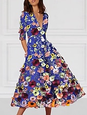 economico Abiti da cocktail-Abito da Cocktail A-Line Floral Elegante Abito Formale Matrimonio Lungo fino alla Caviglia Mezza Manica V Neck Abito Rosa Stretch Crepe con Ricamo e Tasca