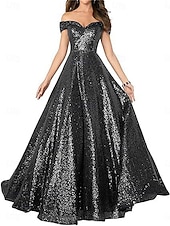 A-Line Evening Gown Elegant Dress Formal Performance Floor Length Short Sleeve Off Shoulder Sequined Backless with Pleats cheap Long Dresses & Gowns-A-Line Evening Gown Elegant Dress Formal Performance Floor Length Short Sleeve Off Shoulder Sequined Backless with Pleats