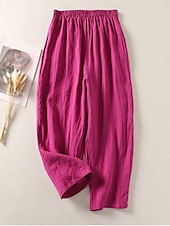 baratos Calça de linho de algodão simples-Mulheres Calças de linho de algodão chinês Estilo Étnico Básico Casual Comprimento total Cintura Alta Tecido Bolsos Com Cordão Conforto Exterior Com Stretch Férias Rua Diário Preto Branco fúcsia