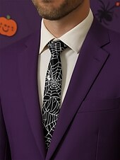 economico Accessori di Halloween-Cravatta da uomo con stampa ragnatela di Halloween – cravatta sottile in raso bianco e nero, elegante accessorio per feste, cosplay, eventi formali e abiti da ufficio per Halloween