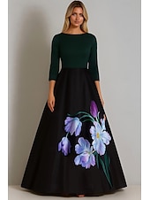 economico NERO-Abito da ballo Linea ad A Abito da Sera Elegante Vestito Formale Matrimonio Lunghezza al pavimento Manica 3/4 Scollo a Barca Raso con Stampa floreale 2025