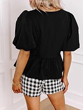 abordables Hauts Unis pour Femmes-Femmes Chemisier Uni Moderne Occasionnel Manche Courte Col ras du cou Hauts Réguliers Quotidien Fête Sortir Œillet Noir Automne