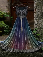 abordables Robes Boho-Robe longue vintage viking celtique à motif dégradé pour femme, robe d&#039;été, robe trapèze, robe nuisette, robe plissée, vacances, décontractée, bohème, plage, coupe classique, graphique, sans manches,
