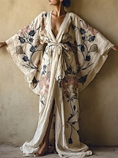 tanie Sukienki boho-damska długa sukienka maxi sukienka boho sukienka na co dzień sukienka rozkloszowana sukienka letnia vintage wakacje codzienna plaża regularny krój kwiatowy długi rękaw dekolt w serek biały lato wiosna jesień