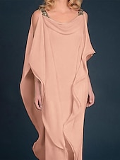 cheap Floor Length-Beach Wedding Sheath Mother of the Bride Dress Wedding Guest Elegant Plus Size Jewel Neck Floor Length Chiffon Half Sleeve with Beading Cascading Ruffles free custom size