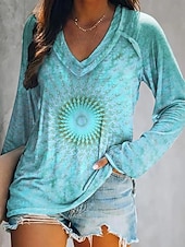 ieftine tricou boho-Pentru femei Tricou Grafic Geometrie Epocă Stilat Clasic Manșon Lung În V Topuri obișnuite Zilnic Sfârșit de săptămână Imprimeu Verde Deschis Roz Îmbujorat Albastru piscină Portocaliu Trifoi