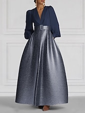 economico Vestiti da sera-Abito da Sera A-Line Nera e Oro con Cravatta Nera Gonna Jacquard Brillante con Cintura Formale Matrimonio Lunghezza a Terra Manica Lunga Collo a V Seta con Tasca e Fessura