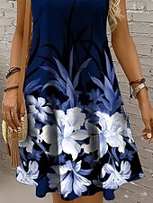 abordables Robes fleuries-Femmes Mini Robe Robe d&#039;Été Robe trapèze Robe d&#039;été Vacances Occasionnel Coupe régulière A Ombre Fleuri Graphique Sans manches Col en U Col Rond Noir et Blanc Marron foncé Rouge Bleu Été Printemps