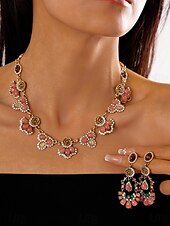 economico Collana da donna-Set di gioielli vintage da donna con cristalli floreali: elegante collana in oro e orecchini pendenti con pietre preziose rosa e verdi, accessori romantici per balli serali e cocktail party