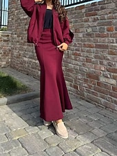 abordables Ensembles chemisiers pour femmes-Femmes Robe Ensemble Robe d&#039;été Robe Midi Occasionnel Uni Fermeture éclair Robe maxi manche longue Col en V Extérieur Date Noir Vin Café Été Coupe Ample