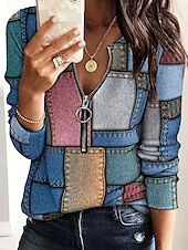 billige Stripe og geometrisk t-skjorte-Dame T skjorte Grafisk Geometrisk Mote Fritid Langermet Crew-hals Vanlige topper Daglig Glidelås Trykt mønster Blå Vår Høst Vinter