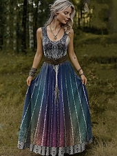 levne Boho šaty-Dámské vintage vikingské šaty s keltskými uzly a gradientním uměním, skládané šaty, prázdninové ležérní boho plážové šaty, regular střih, grafický etnický střih, bez rukávů, výstřih do V, výstřih do U