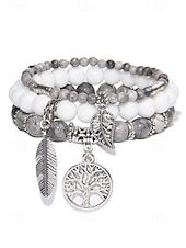 economico Bracciale da donna-Set di bracciali da donna in stile boho con perline turchesi, con ciondolo a forma di albero della vita e piuma, elastico, perline in pietra naturale, adatti per abbigliamento casual, feste e regali.