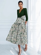 economico Abiti da cocktail-Abiti da cocktail a trapezio in jacquard floreale, eleganti, abiti da cerimonia, da sposa, lunghezza tè, lunghezza midi, maniche a 3/4, scollo a V, crêpe elasticizzata con fiocco(i), pieghe, tasca