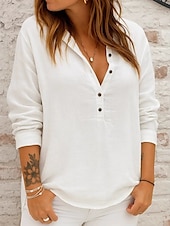 billiga Kvinnors Enfärgade Toppar-Dam Blus Ensfärgat Slät Elegant Stylish Ledigt Långärmad V-hals Vanliga toppar Dagligen Helgdag Vit Gul Rodnande Rosa Blå Vår Höst