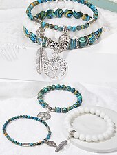 economico Bracciale da donna-Set di bracciali da donna in stile boho con perline turchesi, con ciondolo a forma di albero della vita e piuma, elastico, perline in pietra naturale, adatti per abbigliamento casual, feste e regali.
