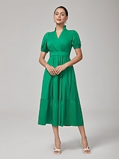 billiga Blommiga klänningar-Dam Vardagsklänning Grön Kort ärm Slät Puffärm Sommar Vår Höst V-hals Drottning Anne Elegant Modern XS S M