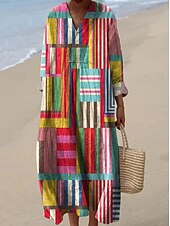 economico Abiti a Strisce e Geometrici-Per donna Abito Midi Vestito Estivo Abito a trapezio Vacanza Casual Boho Uscire Spiaggia Grafico Geometrico Manica Lunga Scollo a V Giallo scuro Rosso Marrone chiaro Blu Estate Primavera Autunno
