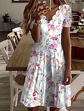 tanie Sukienki kwiatowe na co dzień-Damskie Sukienka mini Sukienka t-shirtowa Sukienka letnia Letnie sukienki Codzienny Codzienny Regularny Kwiaty Graficzny Krótki rękaw W serek Biały Jasnozielony Niebieski Zielony Lato Wiosna