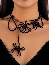 abordables Accesorios de Halloween-Conjunto de collar y pendientes de cuentas de araña de Halloween para mujer: joyería acrílica gótica de aleación negra y roja, accesorios de disfraz espeluznantes y adorables para fiestas y cosplay.