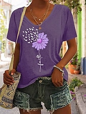 abordables T-shirt floral-Femmes T-shirt Fleuri Graphique Lettre Bohème ancien Élégant Manche Courte Col en V Hauts Réguliers Quotidien Sortir Week-end Imprimé Noir Blanche Rose Claire Violet Vert Été Printemps