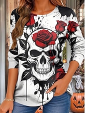 billige Kunst &amp; Design t-skjorte-Halloween Dame T skjorte Grafisk Hodeskaller Rose Årgang Stilfull Klassisk Langermet Crew-hals Vanlige topper Daglig Trykt mønster Rød Lilla Oransje Grønn Vår Høst
