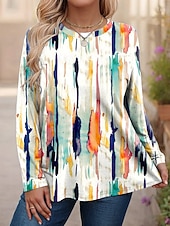 Χαμηλού Κόστους Plus Size T-Shirts-Γυναικεία Συν μέγεθος Άριστος Μπλουζάκι Γραφική Γεωμετρία Στάμπα Μακρυμάνικο Στρογγυλή Ψηλή Λαιμόκοψη Καθημερινό Καθημερινά Πολυεστέρας Φθινόπωρο Χειμώνας Θαλασσί Λευκό