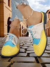 abordables Women's Clogs &amp; Mules-Women's 1950s Vintage Colorblock Wingtip Mule Oxford Shoes - Yellow Blue Slip-On Lace-Up Flats for Casual Street Style, Outings and Weekend Travel