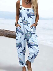 cheap Print Jumpsuit-Women&#039;s Jumpsuit Active Graphic Sleeveless Print Vacation Street Loose Fit White Blue Green Summer