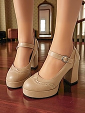 cheap 1950s-Women&#039;s Apricot Mary Jane Platform Pumps - 1950s Retro Chunky Heel Shoes with Brogue Detailing and Adjustable Strap for Office, Tea Parties, and Daily Wear