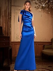 economico BLU-Abito da sera a sirena/tromba con cravatta nera, elegante e lucido, lungo fino al pavimento, senza maniche, monospalla, in raso con fiocco/i, pieghe e arricciato, 2025