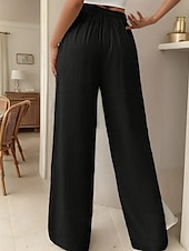 abordables jambe large et taille haute-Femmes Jambe large Slacks Streetwear Occasionnel Longueur complète Naturel Uni Avec Poches Conception à cordon élastique Confortable Rue Tenue quotidienne Week-end Noir Rose Vert Véronèse Bleu Automne