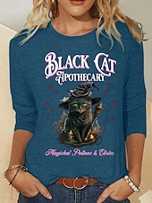 abordables Hauts d&amp;#39;Halloween-Halloween Femmes T-shirt Graphique Animal Chat ancien Mode Élégant manche longue Col ras du cou Col rond Hauts Réguliers Quotidien Week-end Imprimé Noir Rose Claire Bleu Été Printemps Automne
