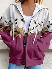 billige Blomstrete topper-Dame Zipper Hoodie Blomster Grafisk Moteklær Casual Langermet Hette Vanlige Topper Gate Hverdagsbruk Lomme Trykk Hvit Lilla Fuksia Vår Høst