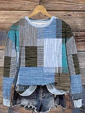 baratos Tops Listrados e Geométricos-Mulheres Moletom Moletons Gráfico Geométrica Xadrez Moda Casual Manga Longa Gola Redonda Tops regulares Rua Dia a Dia Imprimir Azul Roxo Verde cáqui Primavera Outono Inverno