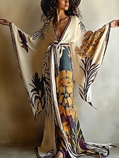 abordables Robes Bohémiennes-Robe longue femme Robe maxi Robe bohème Robe décontractée Robe trapèze Robe d&#039;été Vintage Vacances Quotidien Plage Coupe classique Floral Manches longues Col V Beige Été Printemps Automne