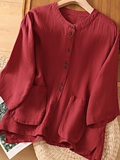 お買い得  シャツ-女性用 コットンリネンシャツ 純色 ベーシック カジュアル 七分袖 クルーネック レギュラートップス 日常 ポケット ボタン ホワイト ワイン グリーン カーキ色 夏 春 秋