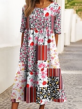preiswerte Streifen- und geometrisches Kleid-Damen Midikleid A Linie Kleid Sommerkleid Urlaub Lässig Ferien Normale Passform Grafik Geometrisch Halbarm Rundhalsausschnitt Rosa Rote Blau Grün Sommer Frühling Herbst