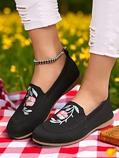 preiswerte Damenhausschuhe und -halbschuhe-Barfußschuhe für Damen mit breiter Zehenpartie – Flyknit-Ballerinas mit Blumenstickerei für Picknicks, Gartenspaziergänge und Sommerausflüge