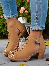 olcso Block Heels-női peep toe kivágott tömbsarkú bokacsizma hátsó cipzárral – stílusos nyári vastag sarkú cipő randevúkra, kerti partikra és szabadtéri rendezvényekre