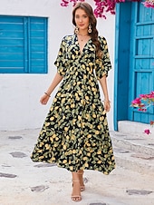 tanie Sukienki kwiatowe-Damskie Sukienka maxi Sukienka ołówkowa Sukienka A line Urlop Codzienny Boho Motylkowy Impreza Wyjściowe Plaża Luźny / a Owoc Rękaw 1/2 W serek Granatowy Lato Wiosna