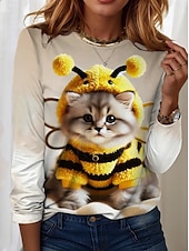 abordables T-shirt Animaux-Femmes T-shirt Fleuri Graphique Chat ancien Élégant Classique manche longue Col ras du cou Col rond Hauts Réguliers Quotidien Week-end Imprimé Jaune Bleu Kaki Printemps Automne
