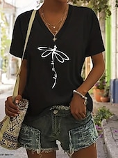 billige Dyrene tee-Dame T skjorte Grafisk Dyr Dragonfly Årgang Stilfull Klassisk Kortermet V-hals Vanlige topper Daglig Ut på byen Helg Trykt mønster Svart Rosa Rød Blå Grå Sommer Vår