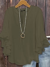economico Top Semplici da Donna-Per donna Blusa Tinta unica Elegante Manica 3/4 Scollo a V Top Regolari Quotidiano Volant Nero Bianco Rosa Verde militare Primavera Autunno