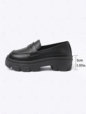 abordables Chaussures sans lacet et mocassins femme-Mocassins noirs épais pour femmes avec semelle plateforme - chaussures décontractées à enfiler tendance pour un usage quotidien, au bureau et en week-end