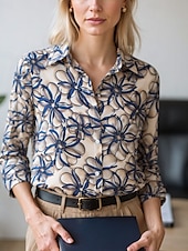 billige Kvinnenes Kunst &amp; Design Topper-Dame Bluse Dressy topper Chiffongoverdeler Blomstret Fargeblokk Elegant Daglig Stilfull Langermet Skjortekrage Vanlige topper Arbeid Daglig Knapper Trykt mønster Svart Blå Brun Grønn Beige Vår, Høst