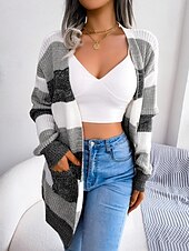 ieftine Cardigane și îmbrăcăminte exterioară-Pentru femei Pulover Bluza Elegant Modă Șic Stradă Dungi Culoare pură Deschis frontal Tricotat Manșon Lung Topuri obișnuite Tricotat În aer liber Zilnic Sfârșit de săptămână Negru Roșu Vin Toamn